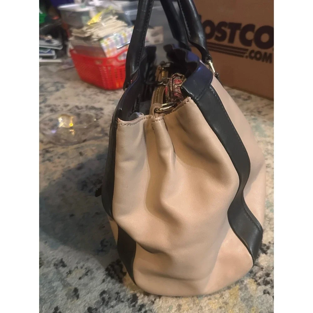 Kate Spade‎ New York Two Tone Leather Satchel Bag Beige Black Striped Lining
